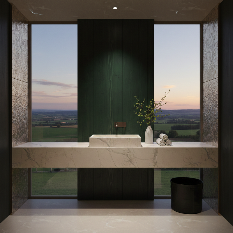 Modern bathroom with marble countertop and large windows overlooking a scenic landscape