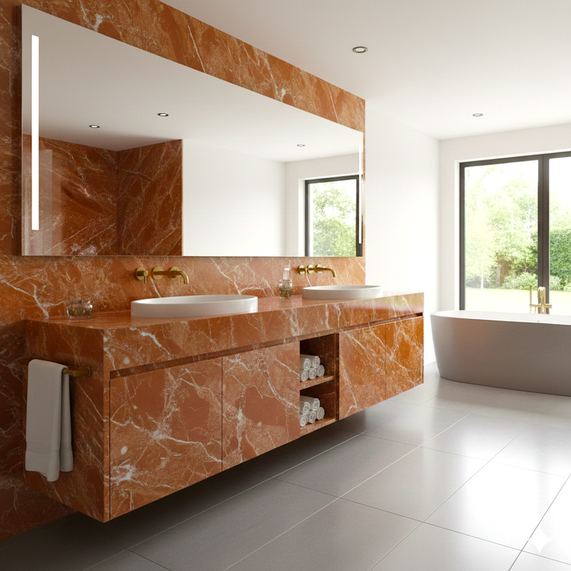 Modern bathroom with orange marble vanity and large mirror