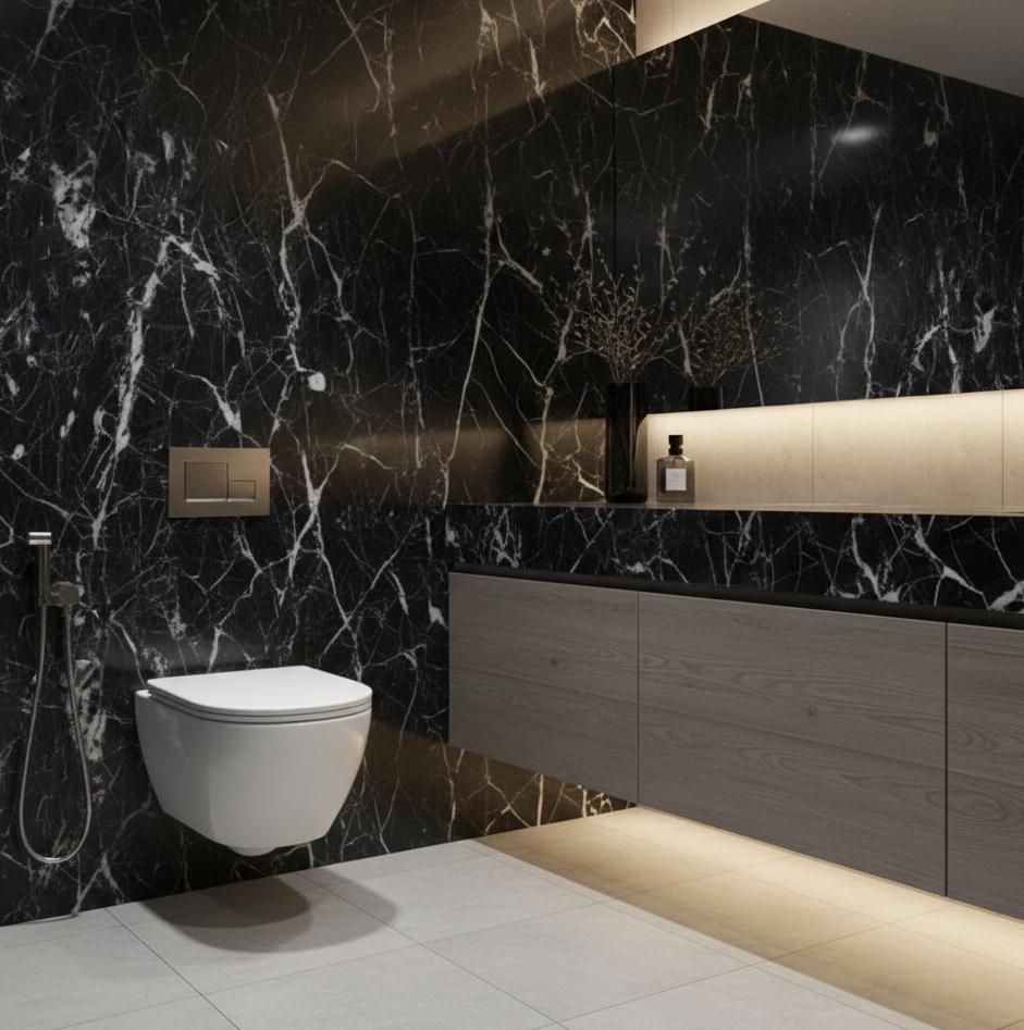 Modern bathroom with black marble walls, white toilet, and wooden vanity.