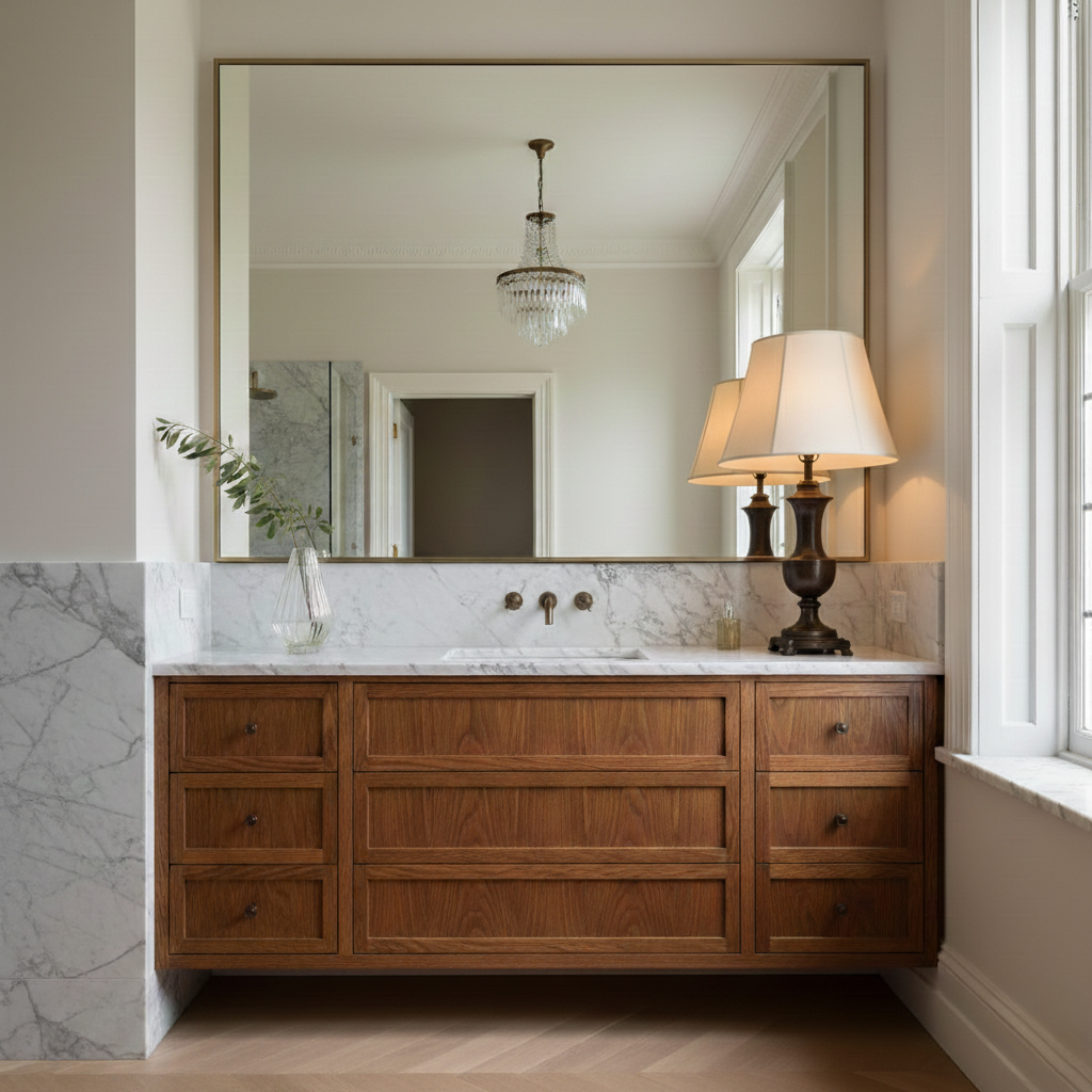 Bathroom vanity with wooden cabinet, marble countertop, and large mirror.