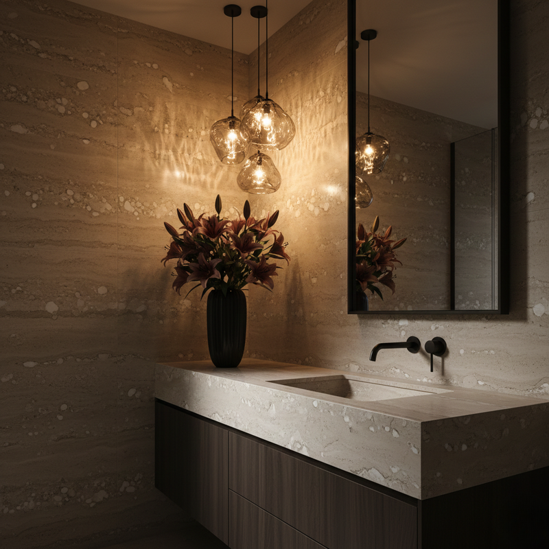 Modern bathroom with a sink, mirror, and decorative vase with flowers.