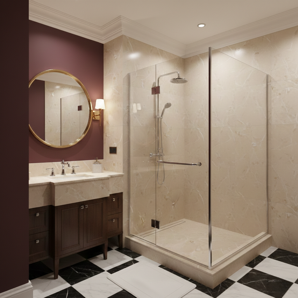 Modern bathroom with shower, sink, and mirror