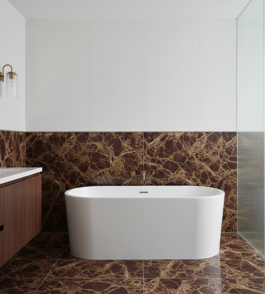 Modern bathroom with a freestanding bathtub against a marble wall.