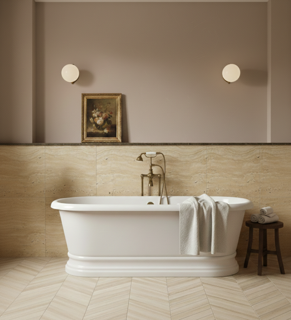 Bathroom with a freestanding bathtub, towel, and wall art.