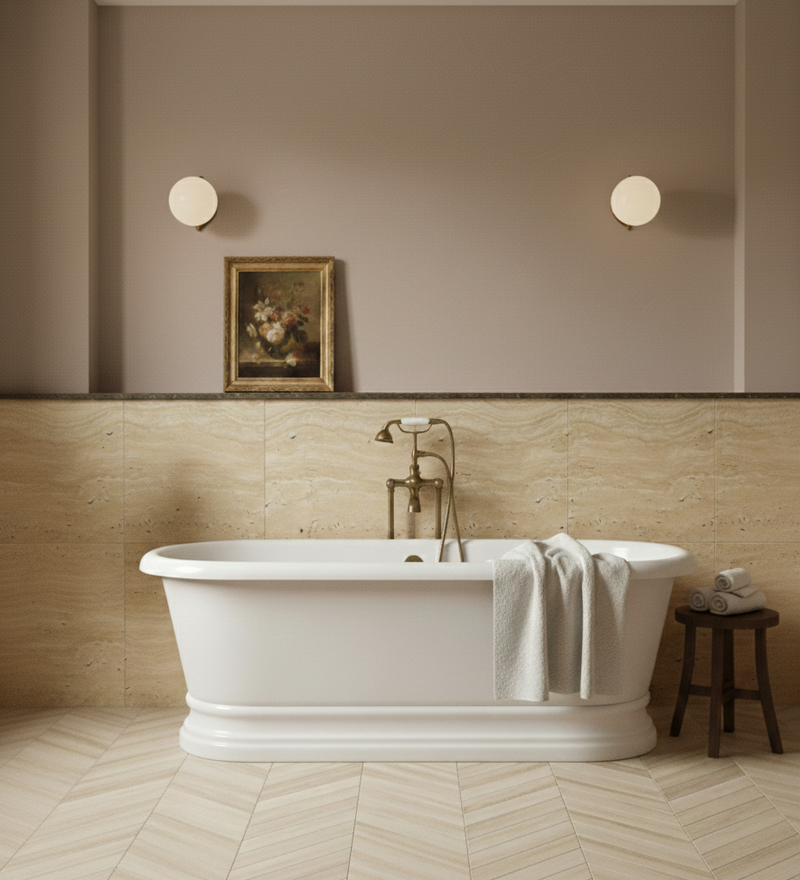Bathroom with a freestanding bathtub, towel, and wall art.