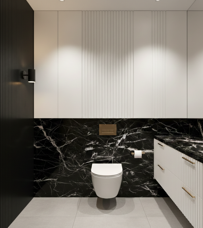 Modern bathroom with black marble wall and white toilet.