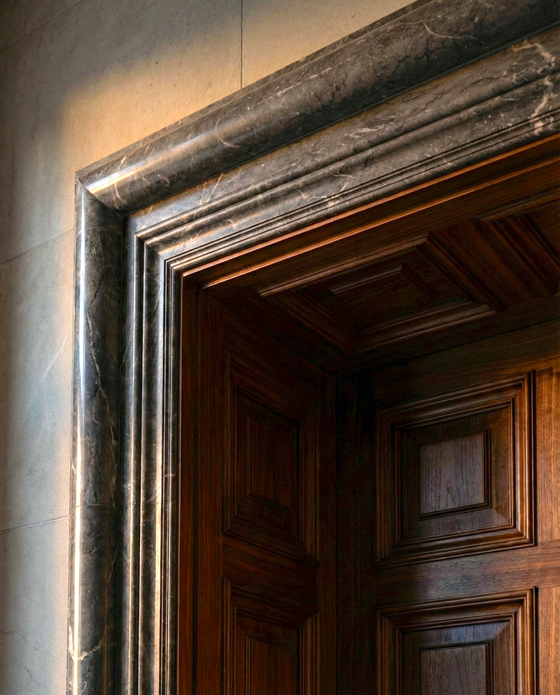 Close-up of a wooden door with a marble frame