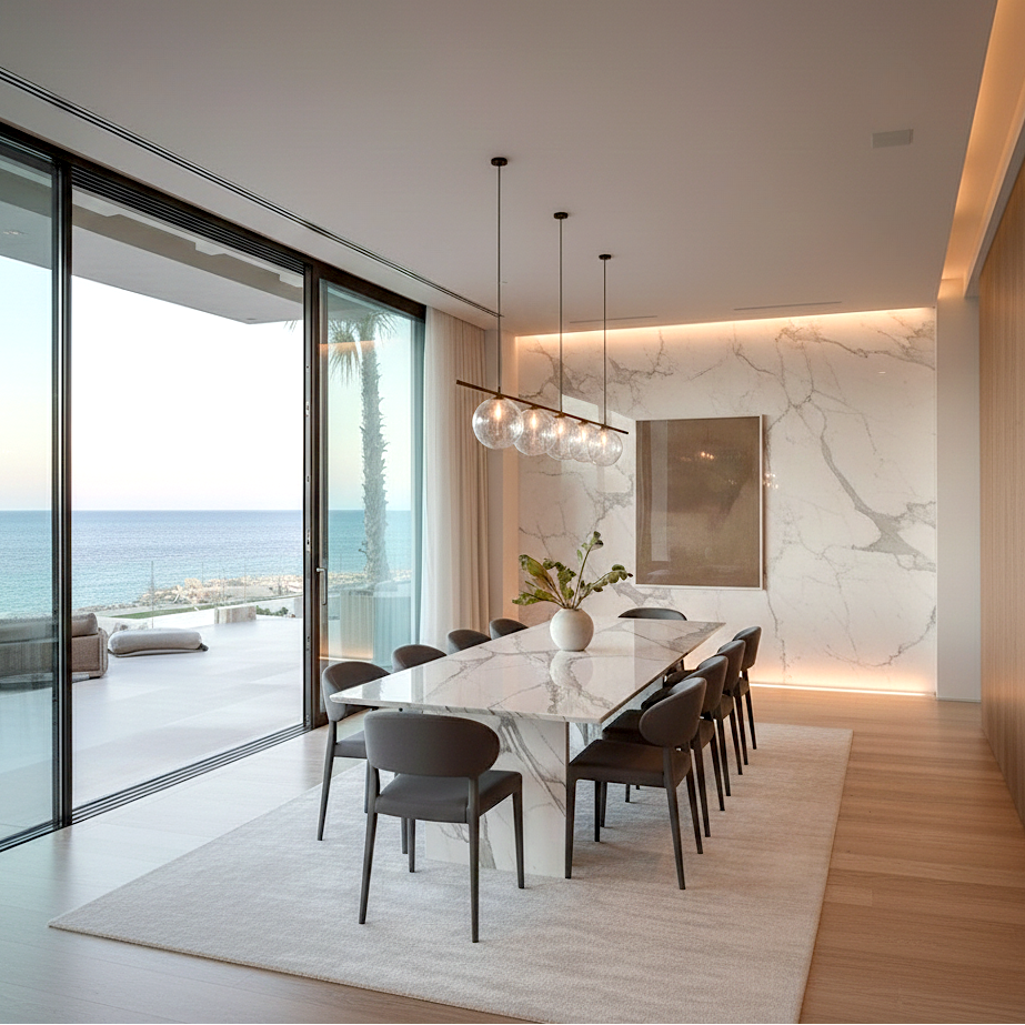 Modern dining room with marble table and chairs, large glass doors overlooking the ocean.