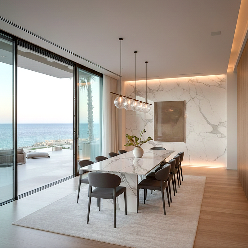 Modern dining room with marble table and chairs, large glass doors overlooking the ocean.