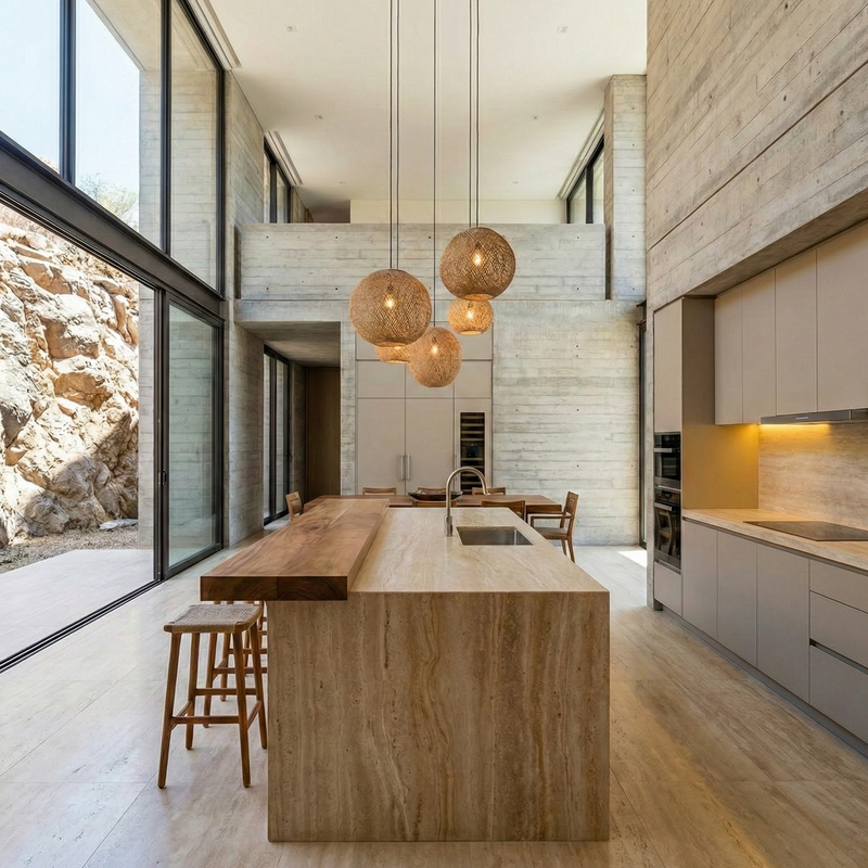Modern kitchen with marble island and stone wall background