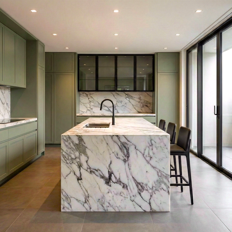 Modern kitchen with marble island and green cabinets
