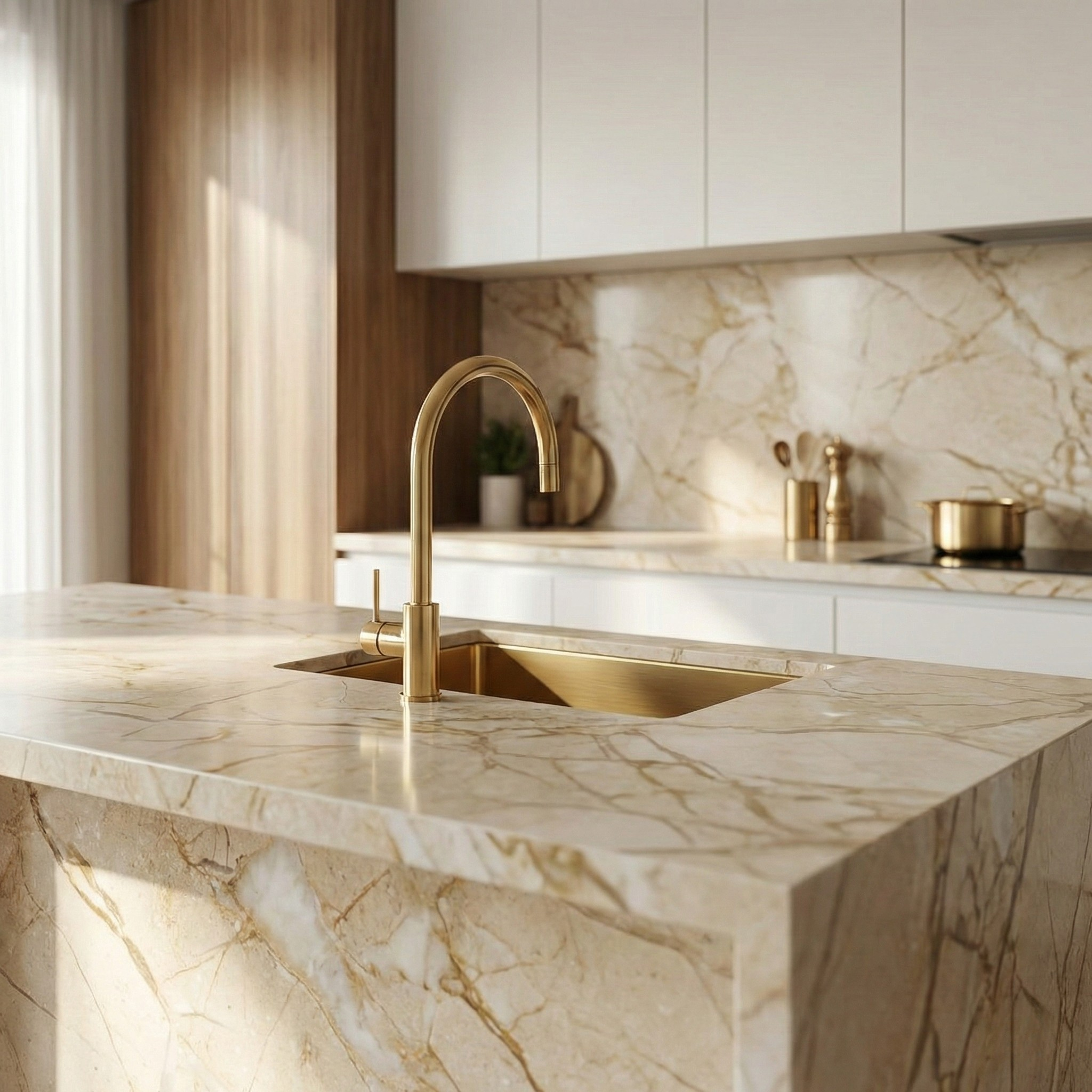 Modern kitchen with marble countertop, sink, and gold faucet.