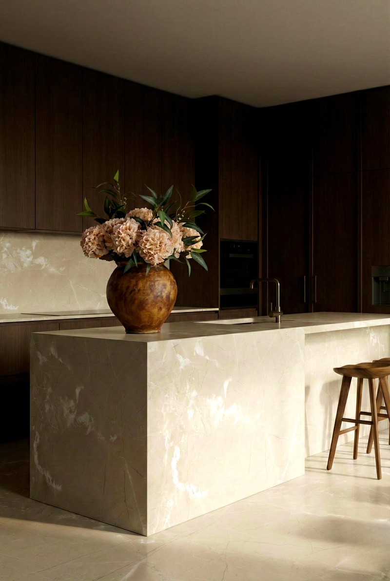 Modern kitchen with a marble island and decorative vase with flowers
