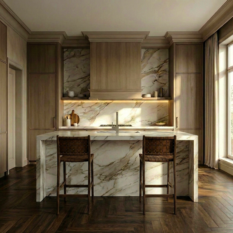 Modern kitchen with marble island and bar stools