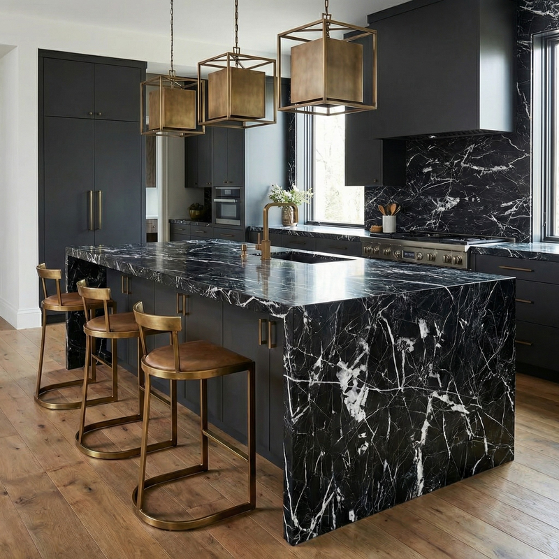 Modern kitchen with black marble island and gold bar stools