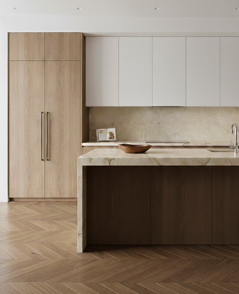 Modern kitchen with wooden floor and white cabinets