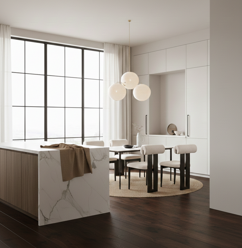 Modern kitchen with marble island and dining area