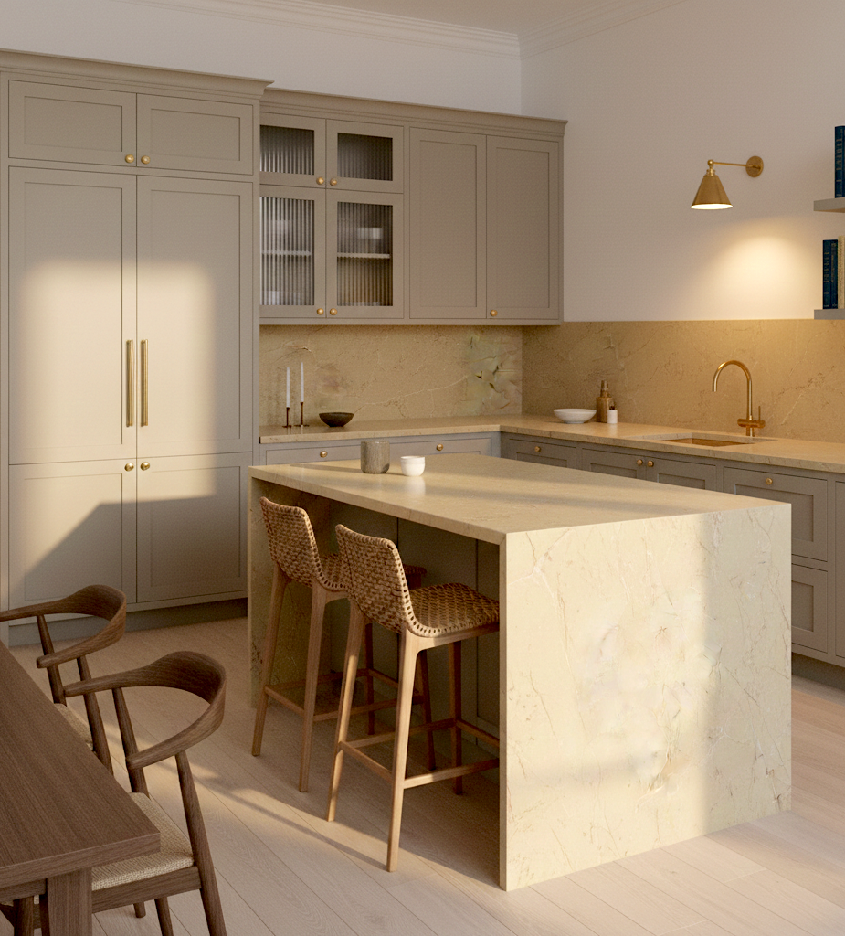 Modern kitchen with marble island and bar stools