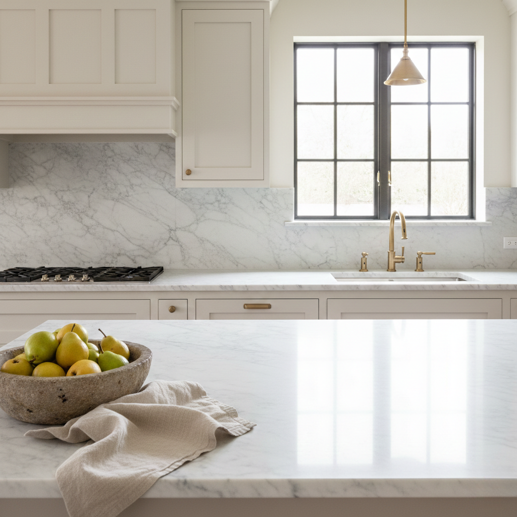 Modern kitchen with marble countertops and a window above the sink.