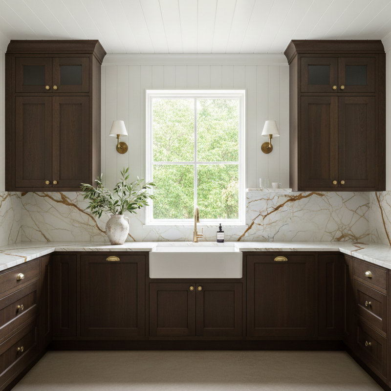 Modern kitchen with dark wood cabinets, marble countertop, and window.