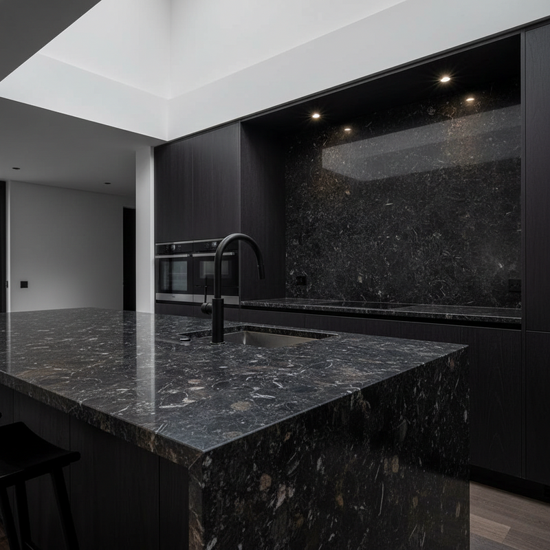 Modern kitchen with dark marble countertop and backsplash