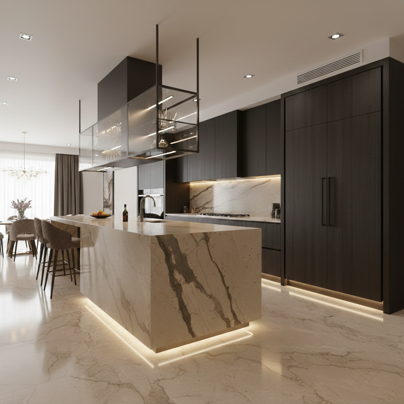 Modern kitchen with marble island and dark cabinets
