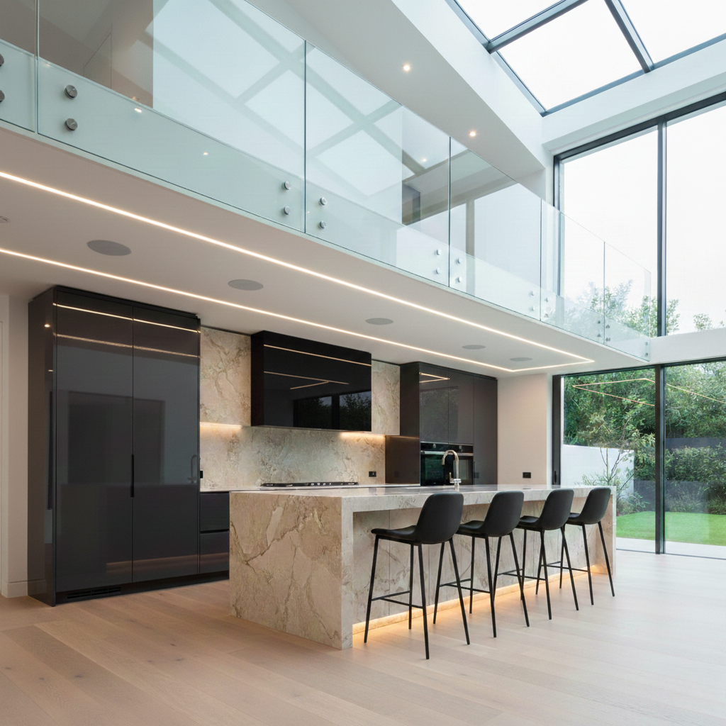 Modern kitchen with marble island and black bar stools, large windows, and skylight.