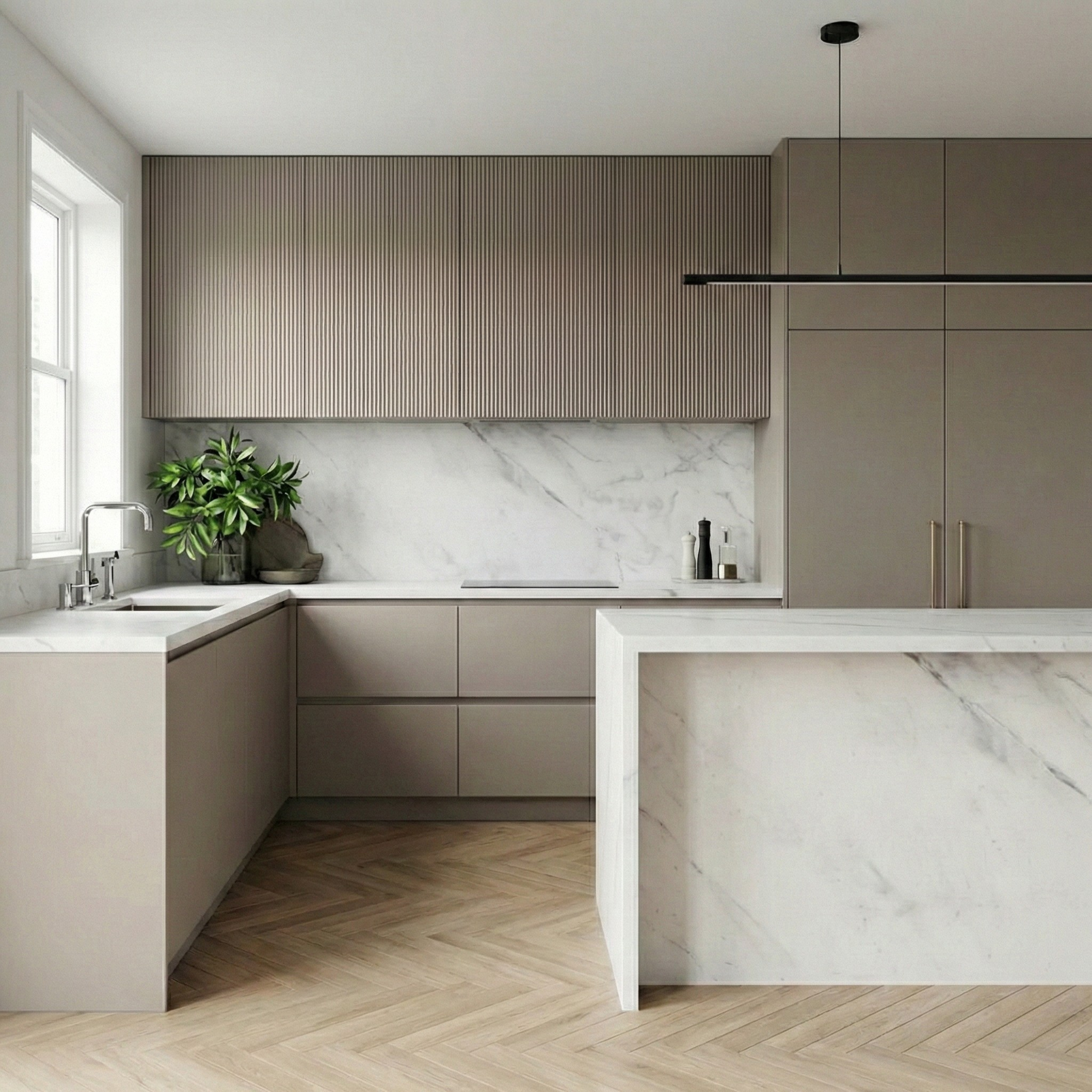 Modern kitchen with beige cabinets, marble island, and black backsplash.
