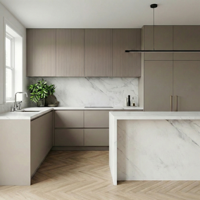 Modern kitchen with beige cabinets, marble island, and black backsplash.