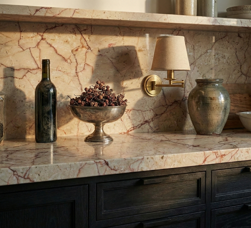 Marble countertop with decorative items and a wall sconce.