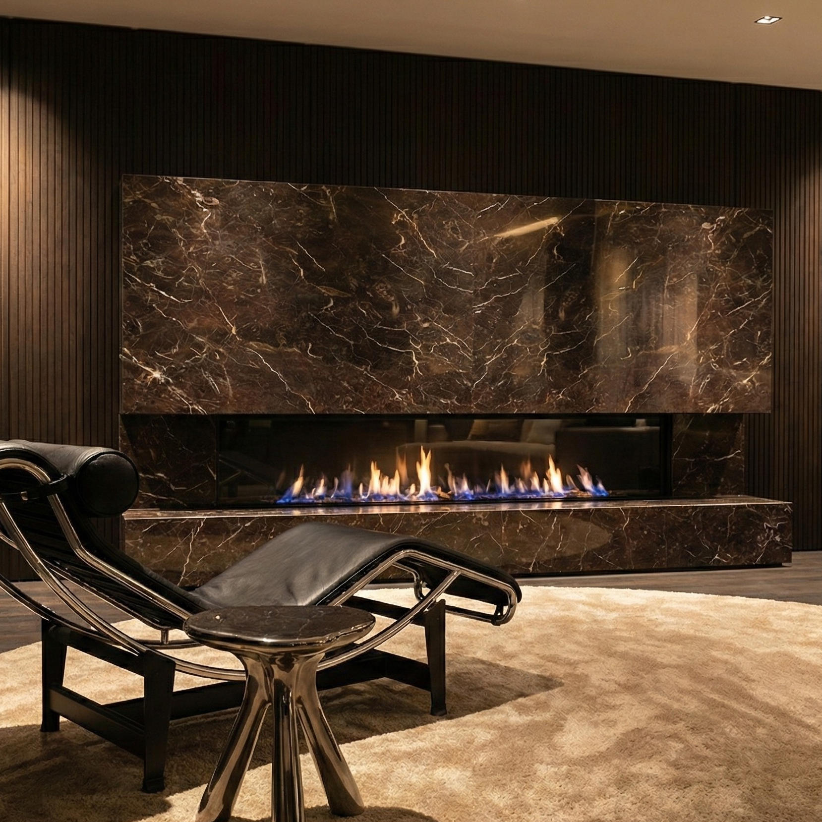 Modern living room with a marble fireplace and black lounge chair.