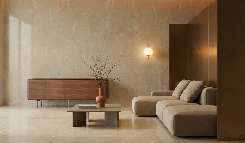 Modern living room with beige sofa, wooden coffee table, and decorative elements.