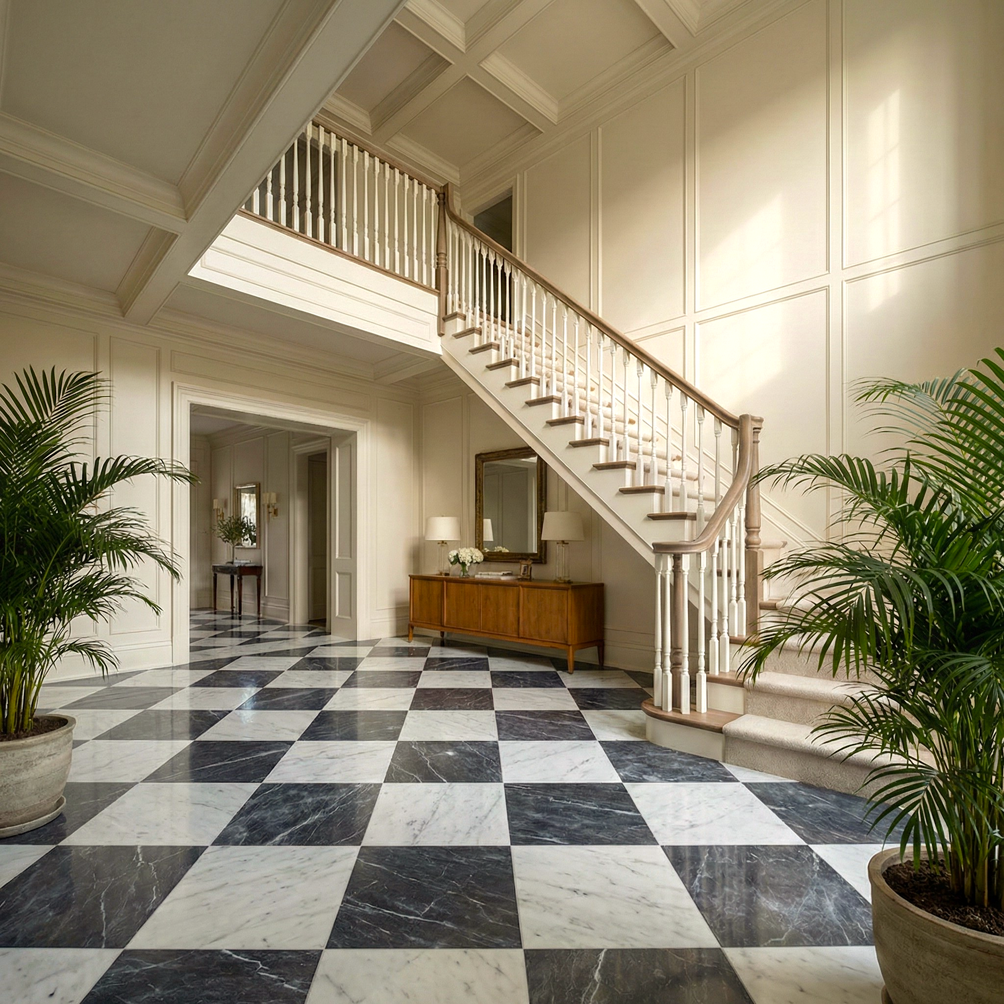 Luxurious interior with a staircase, checkered marble floor, and decorative plants.