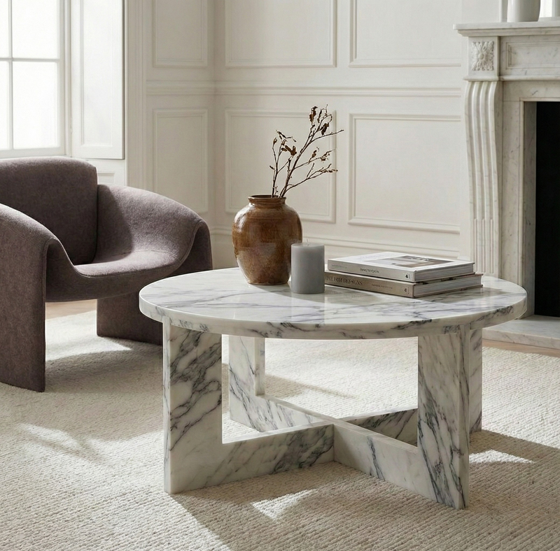 Marble coffee table in a living room with a vase and books on top