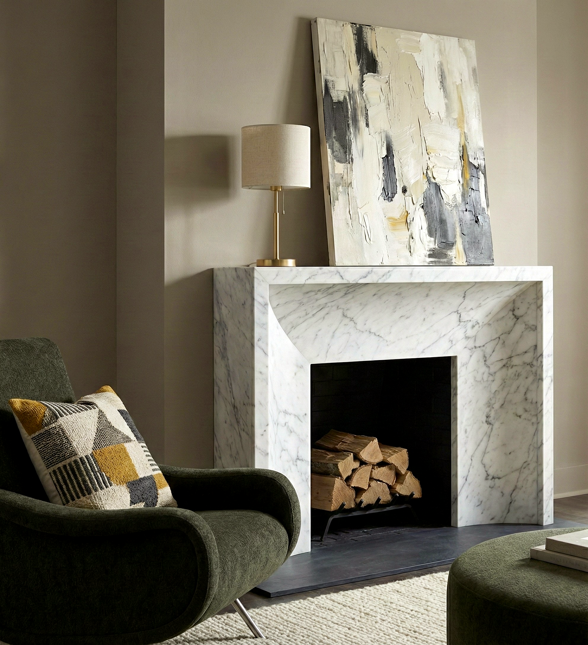 Living room with marble fireplace, armchair, and abstract painting.