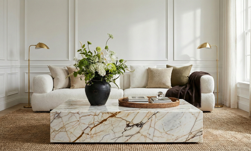 Modern living room with a marble coffee table, white sofa, and decorative elements.