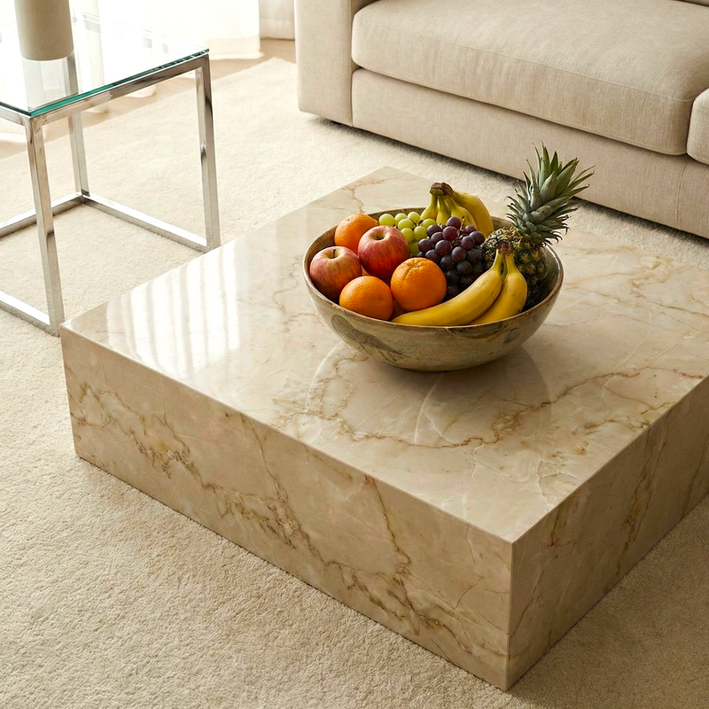 Marble coffee table with a bowl of fruit in a living room setting