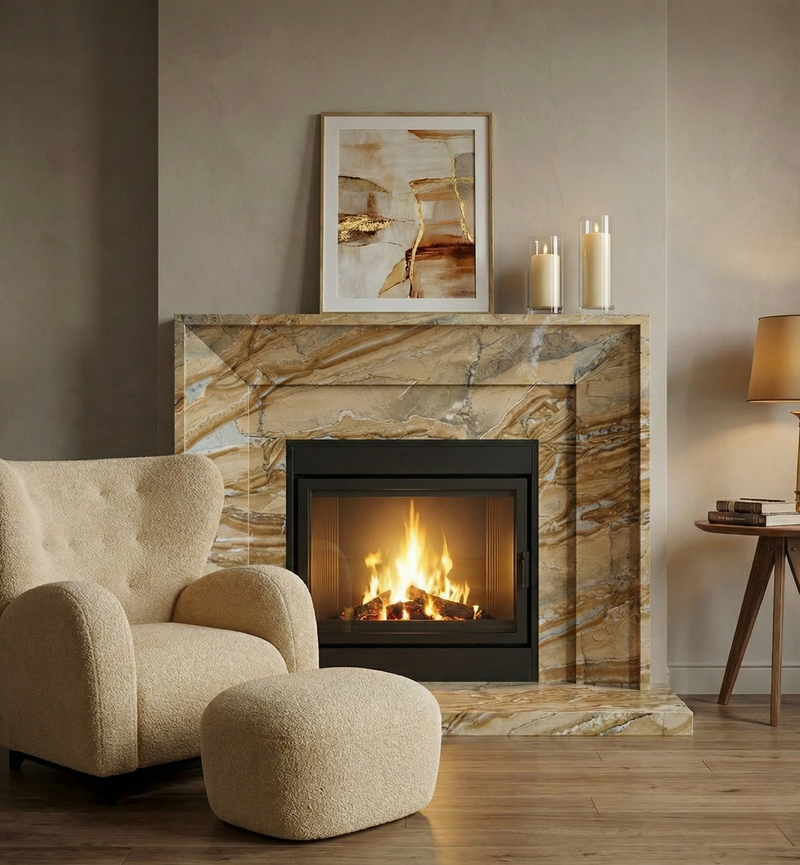 Cozy living room with a fireplace, armchair, and framed artwork.