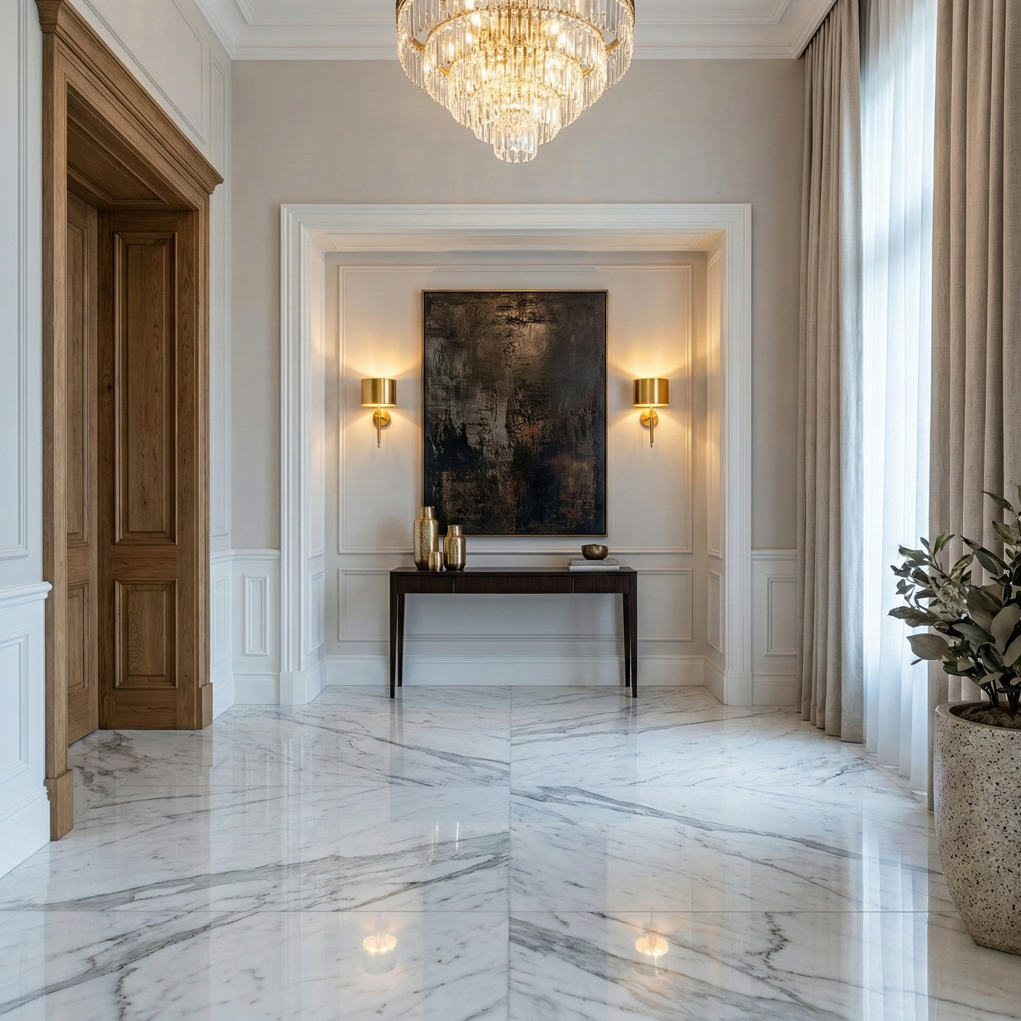Luxurious hallway with marble floor, chandelier, and wall sconces.