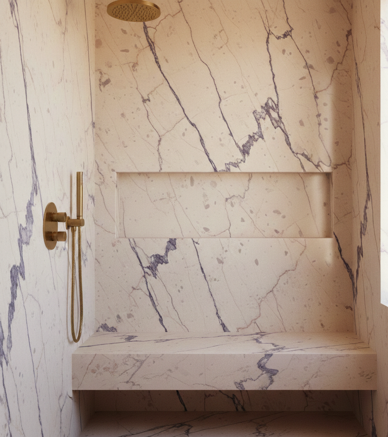 Marble-patterned shower enclosure with gold fixtures