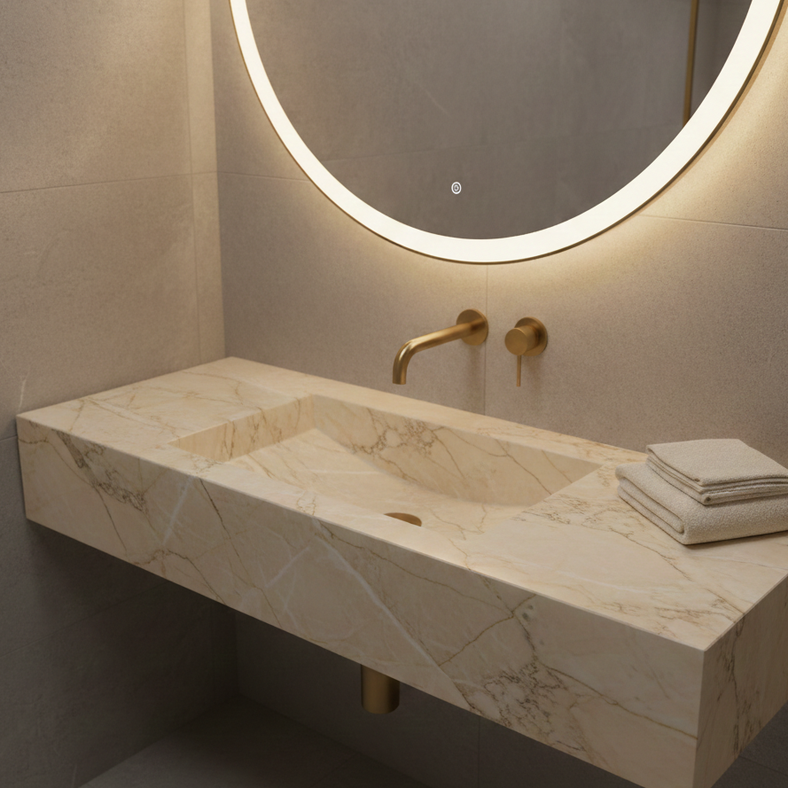 Marble sink with gold faucet and illuminated mirror in a bathroom setting