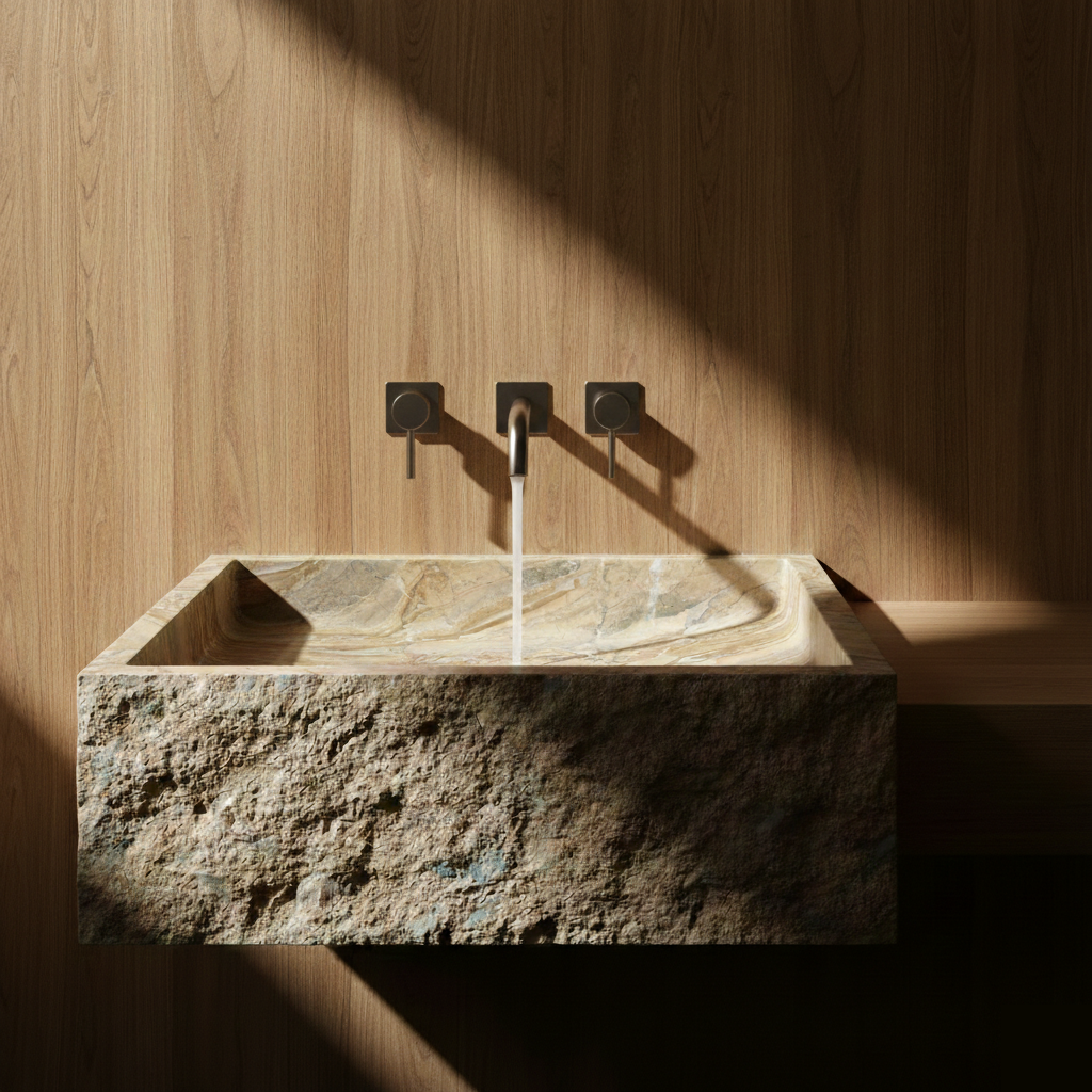Stone sink with faucet against a wooden wall